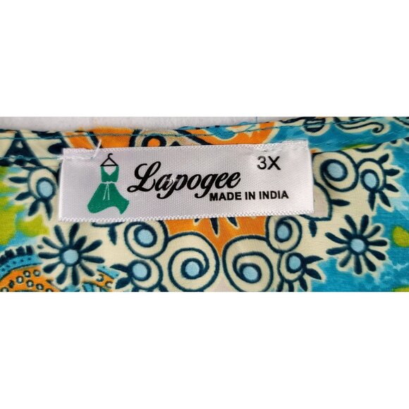 Lapogee Boho Paisley Print Tunic 3X Short Flutter Sleeve Blue/Orange Flowy India - Picture 2 of 13